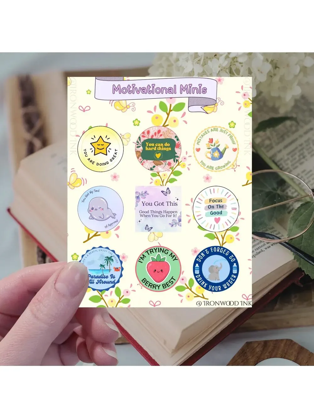 Motivational Minis Sticker Sheet Positive Message Garden Flowers Junk Journaling